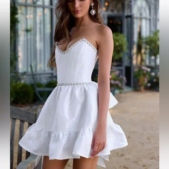 white strapless fit and flare dress Ivory Strapless Corset Wedding Gown – Elegant Bridal Fit & Flare Dress  GL3584 main image 0